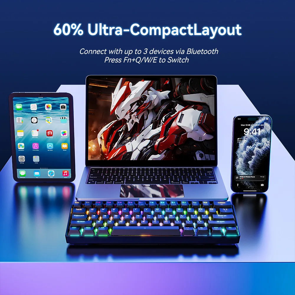 CX61 61Keys Wireless Mechanical Keyboard Rechargeable Tri-mode Connection Red Switch Mechanical Keyboard 60%Ultra-compact Layout