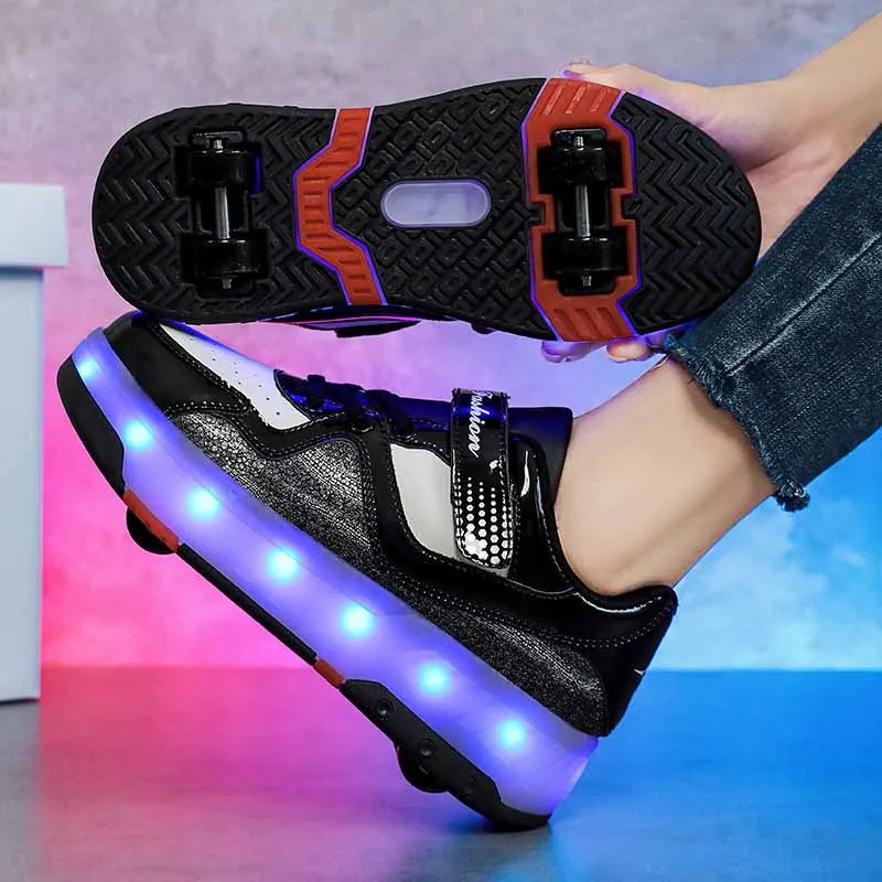 

Kids 4 Wheel Roller Skate Shoes Women Man Telescopic Deformation Shoes Lights Up LED Girl Boy Adjustable Rolling Skates Sneakers