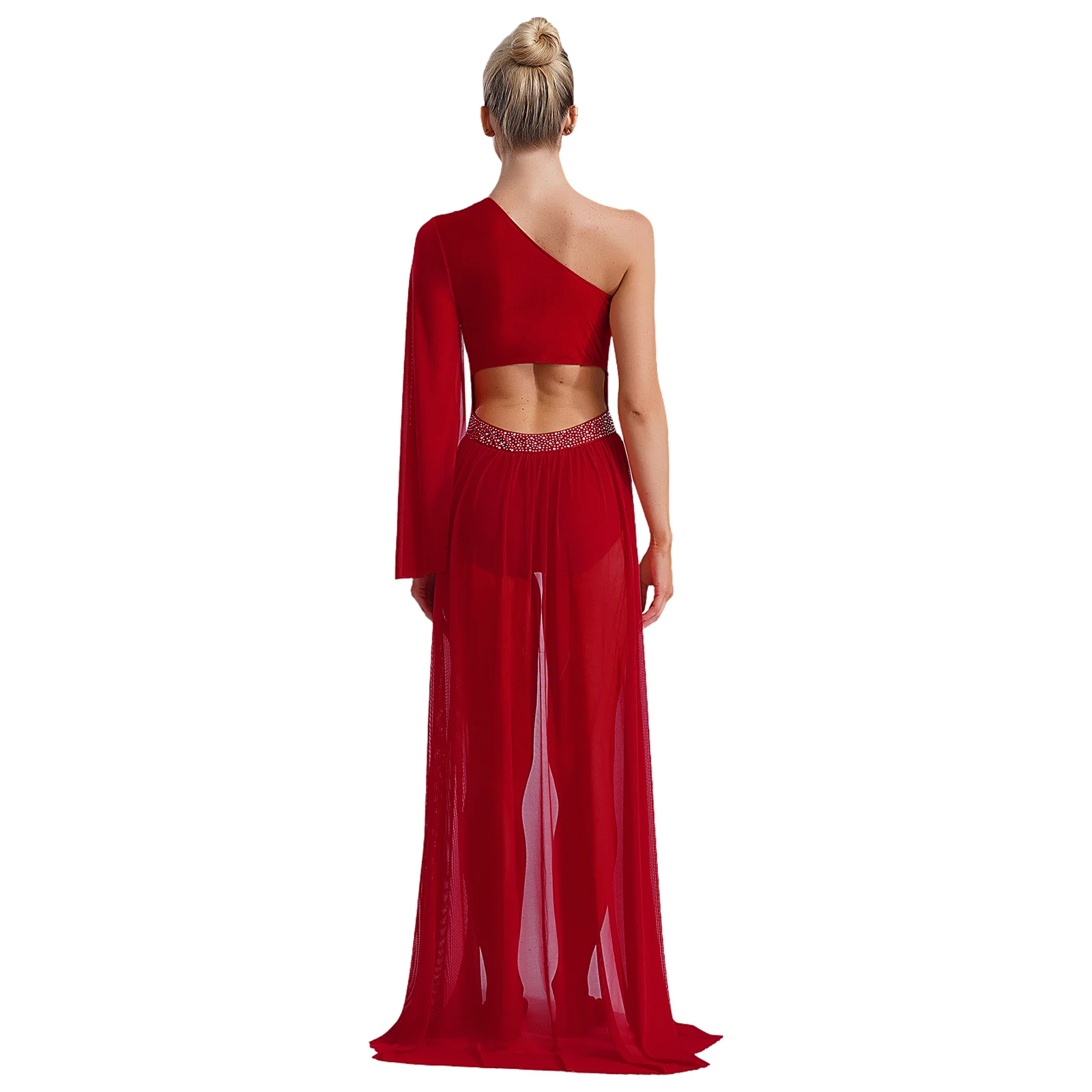 Women Girls One Shoulder Flowy Split Long Splice Dress Lyrical Contemporary Modern Ballroom Praise Dance Costume Waltz Dancewear
