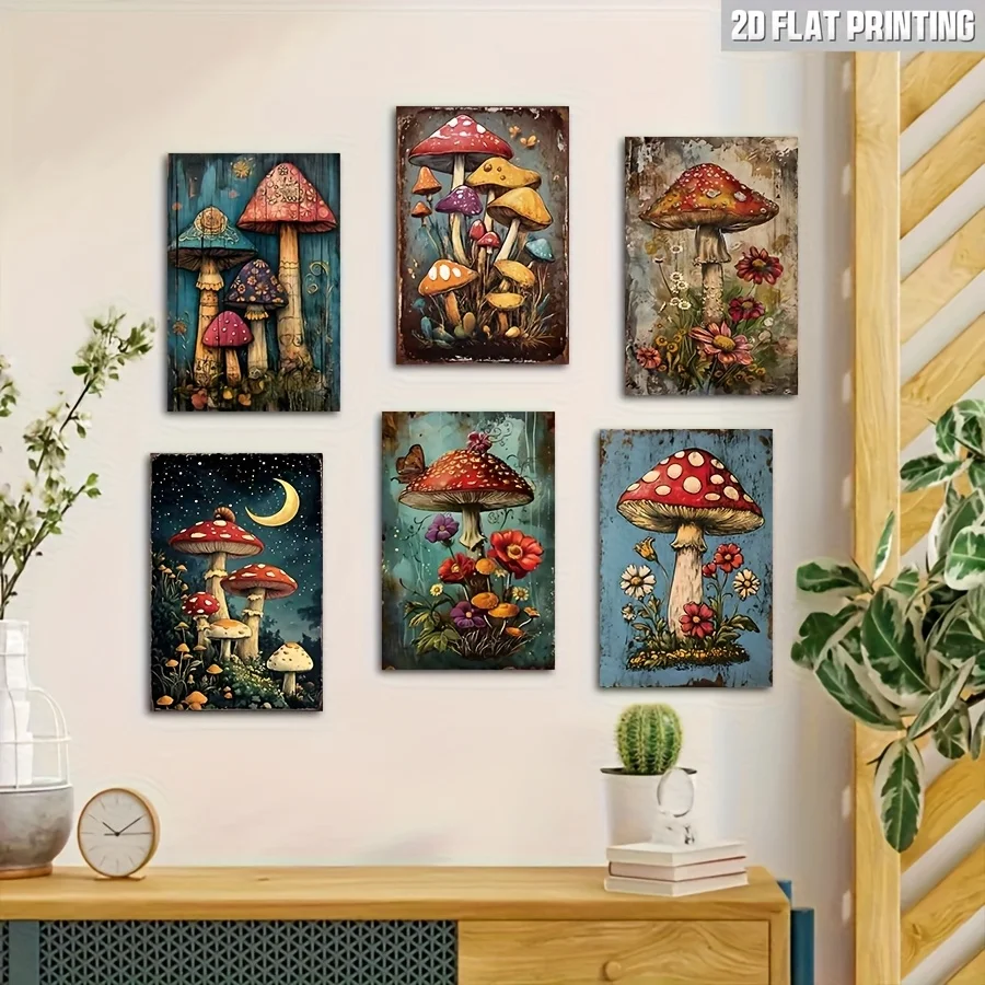 

2D Flat, 6 шт. металлические декоративные таблички и таблички в стиле ретро — железные таблички размером 8x12 дюймов с цветочным рисунком и грибами, идеально подходят для