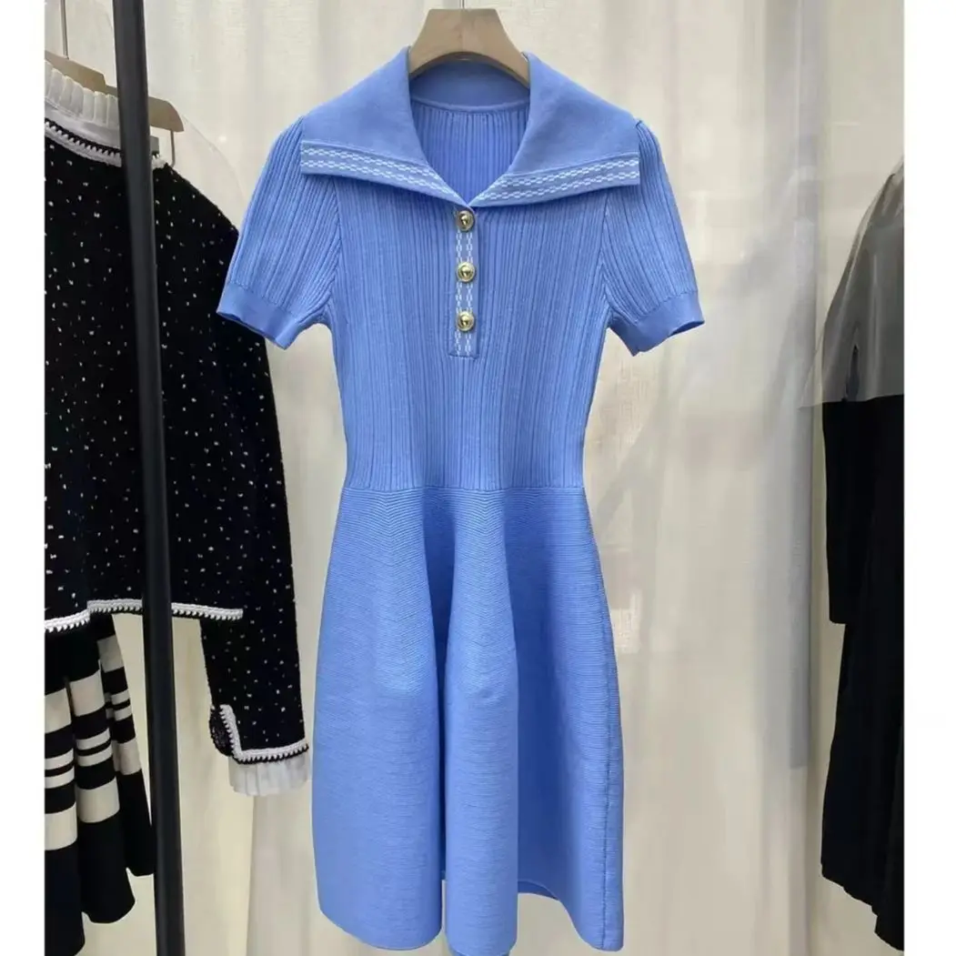 

High Quality Summer New Fashionable Commuting Elegant Short Sleeved Lapel Knit Button Versatile Slim Fit Short A-Line Dress