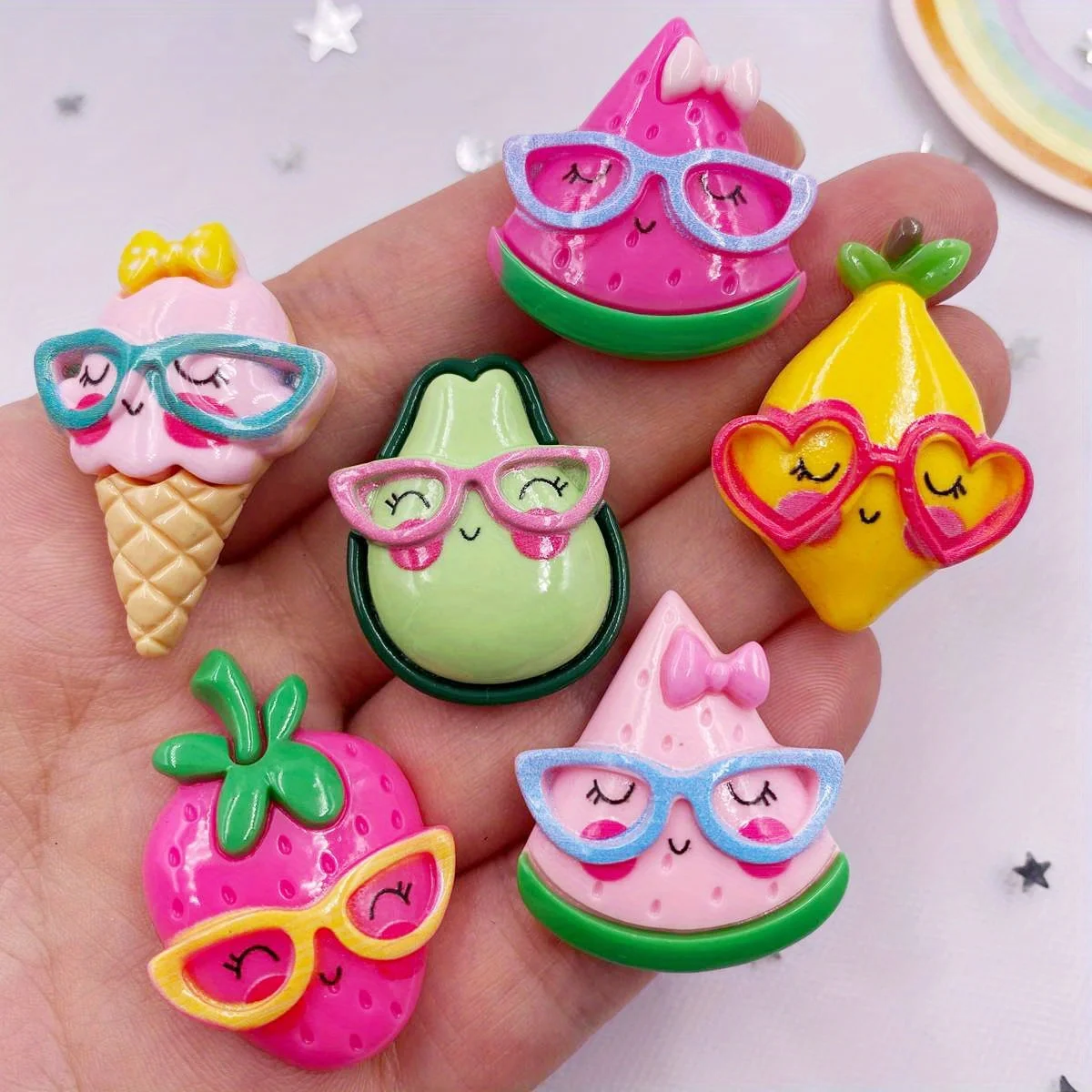 6pcs Set of Colorful Resin Fruit & Ice Cream Charms with Cool Glasses - Avocado, Watermelon