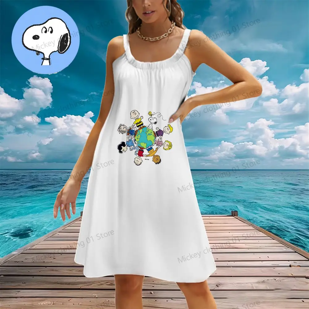 Snoopy Kawaii Women's Beach Dresses S-3XL Summer Anime Boho Elegant Chic Dress Sling Youthful Woman Clothes Sanrio Y2k 2024 Sexy