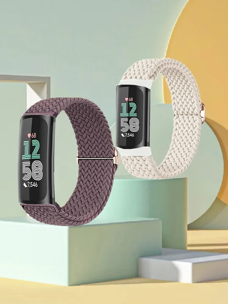 2 Stuks Sport Nylon Gevlochten Band Armbanden Rekbaar Voor Fitbit Charge 5/6 Elastische Band Lus Voor Fitbit Versa 3/4 Smart horloge