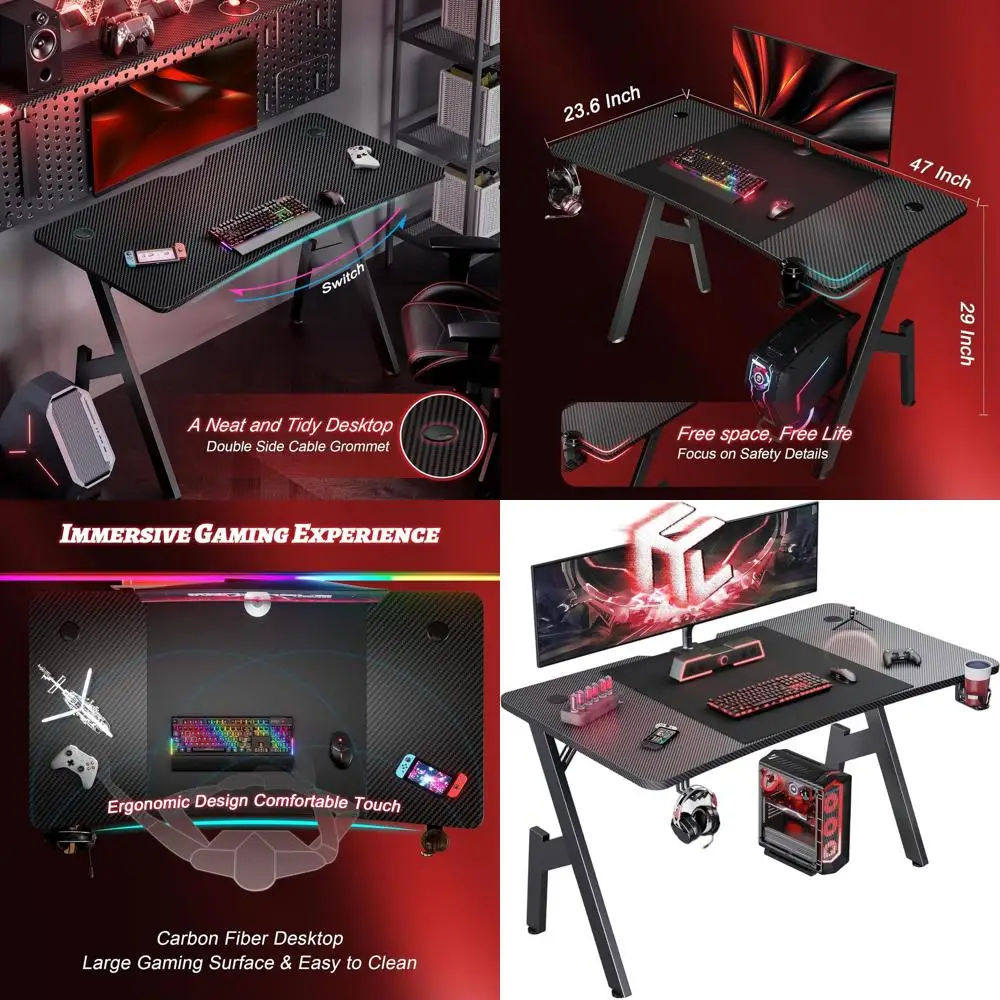 

47, эргономичный игровой стол из углеродного волокна с кабелем, подстаканниками и держателями для наушников, ковриком для мыши, черный