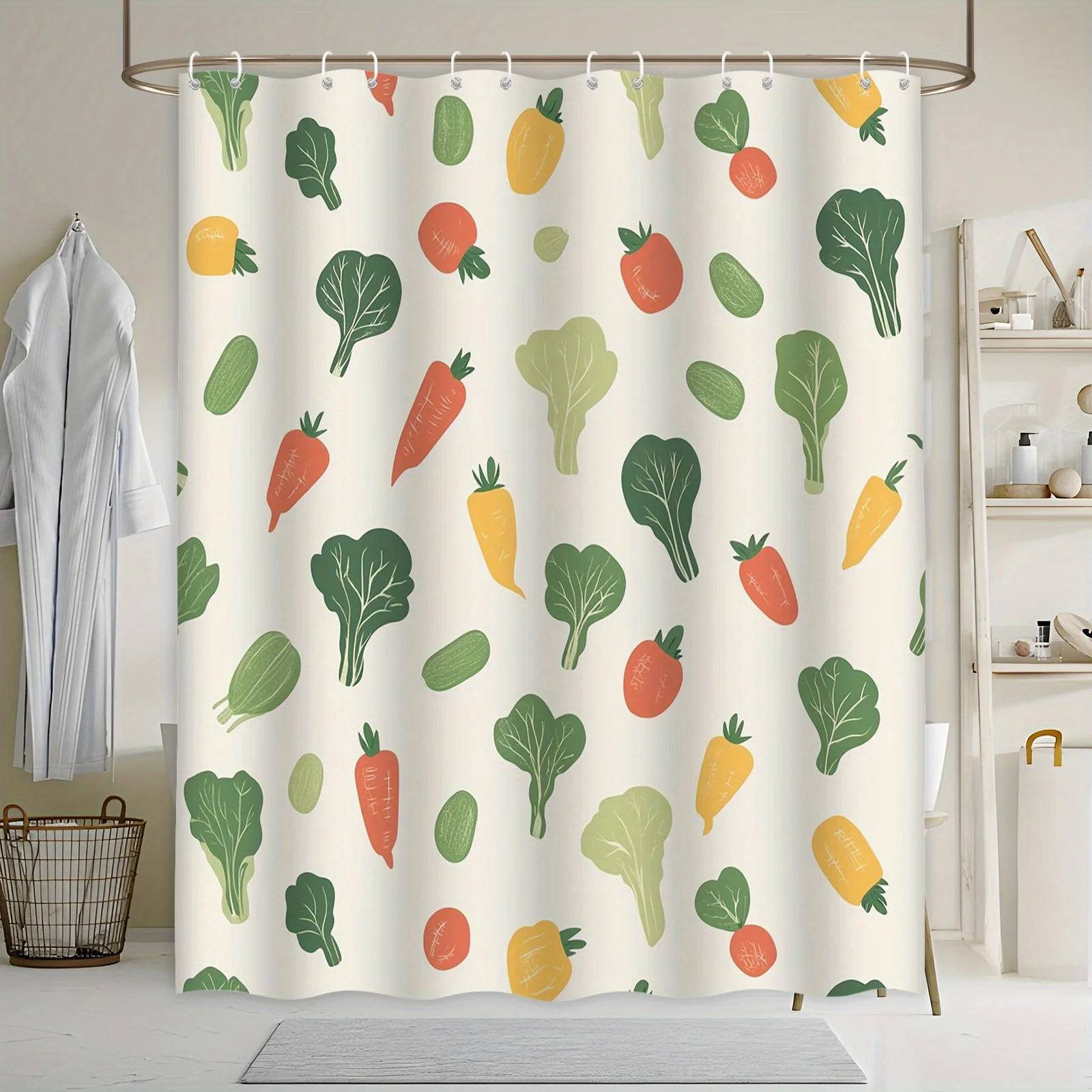 Cortina de baño minimalista con diseño de verduras: verdes de hojas juguetones, zanahorias y más, fondo crema, poliéster, lavable a máquina