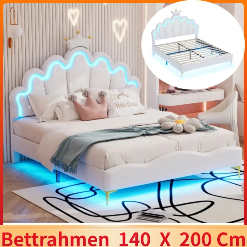 140*200cm Flat Double Bed, Crown Shaped Princess Bed, Soft PU Leather Upholstery, Adjustable LED Ambient Light Strip, White