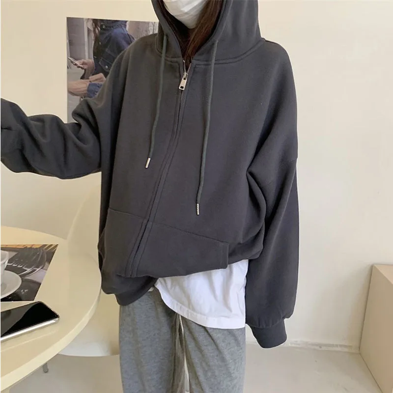 

Women Hoodies Harajuku Hooded Oversized Hoodie Solid Long Sleeve Sweatshirt Loose Print Zip-up Tops Jacket Coats Gray Black Blue