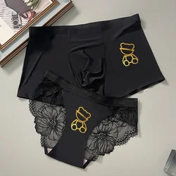 Mode passende Unterwäsche Paar sexy schöne Bär drucken glatte Eis-Seide Männer Boxershorts Damen Slips Bikini Liebhaber Höschen