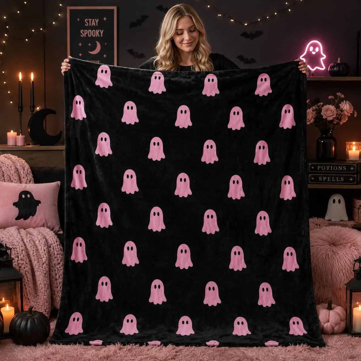 Soft & Comfortable 1pc Modern Flannel Blanket - Black & Pink Minimalist Cute Ghost All-Over Print Flannel Throw, Adorable Ins Girl Style Halloween Sofa Blanket - Digital Print Craft, Suitable For Sofa, Bed, Travel, Office Home Decor