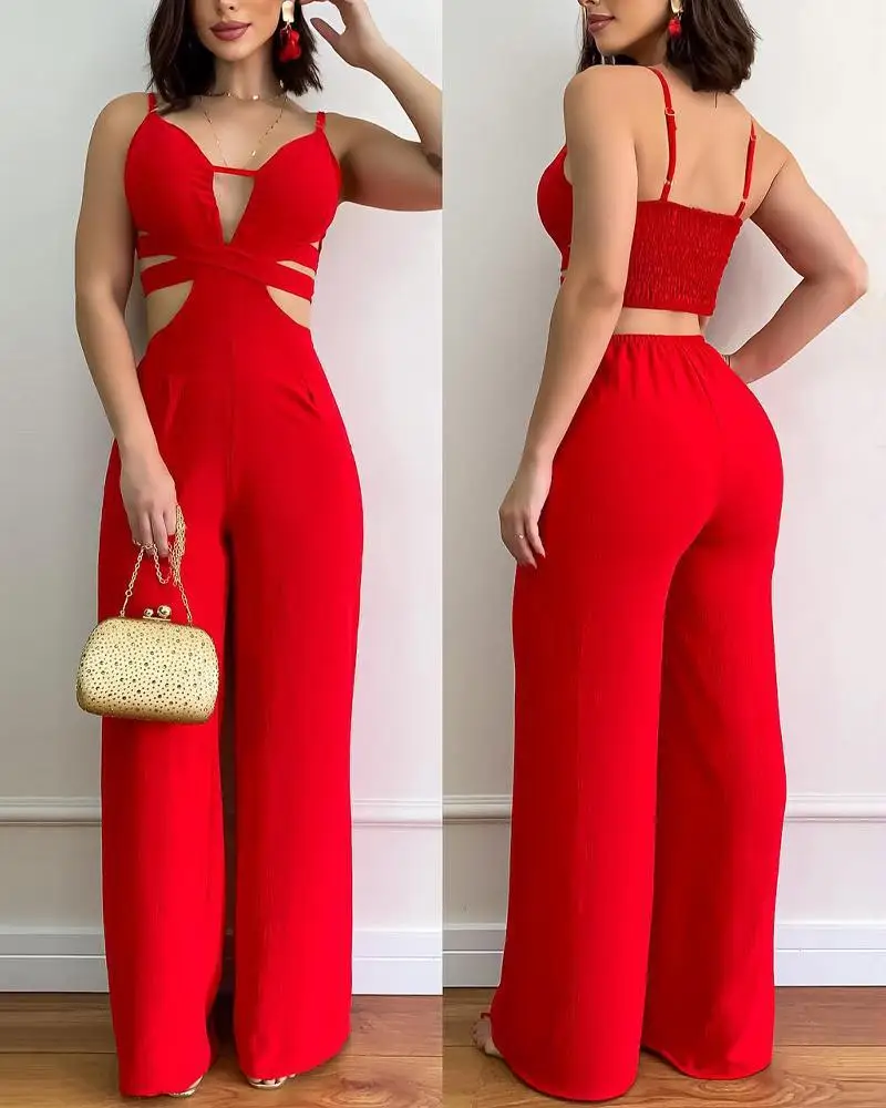 Red Jumpsuit Women Fashion Summer 2024 Full Length Women's Clothing Sale Casual Solid Color Cutout Sling One-Piece Trousers