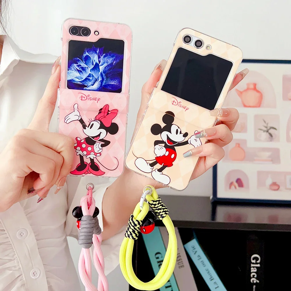 

Disney Mickey Minnie with Lanyard Phone Case for Samsung Galaxy Z Flip 3 4 5 5G PC Anti-drop Back Cover Funda