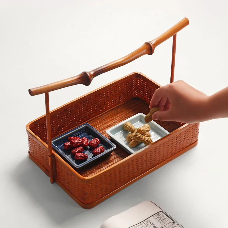 High-end bamboo fruit basket, retro handmade bamboo woven basket, Chinese tea set storage basket, portable large lacquer