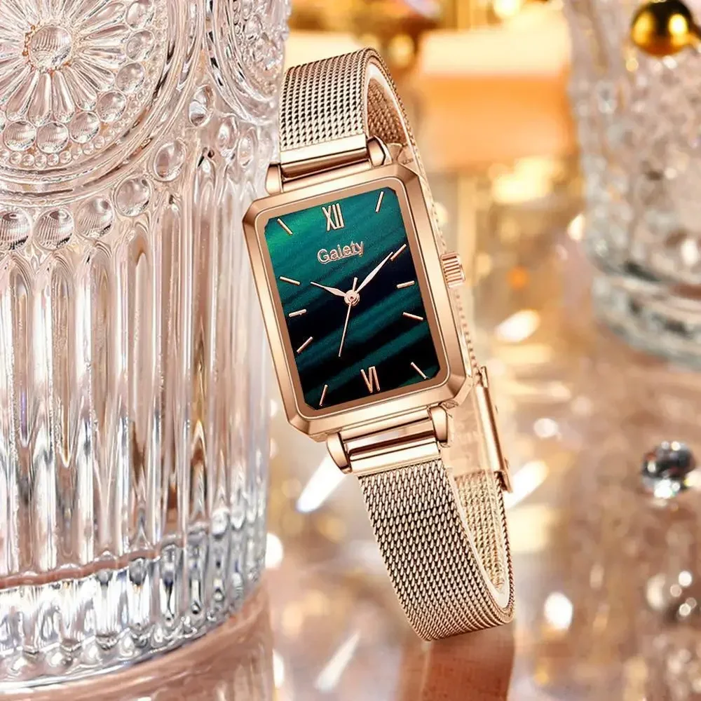 Women Fashion Quartz Watch Bracelet 2pcs Set Green Dial Luxury Women Watches Simple Rose Gold Mesh Ladies Watch Dropshipping