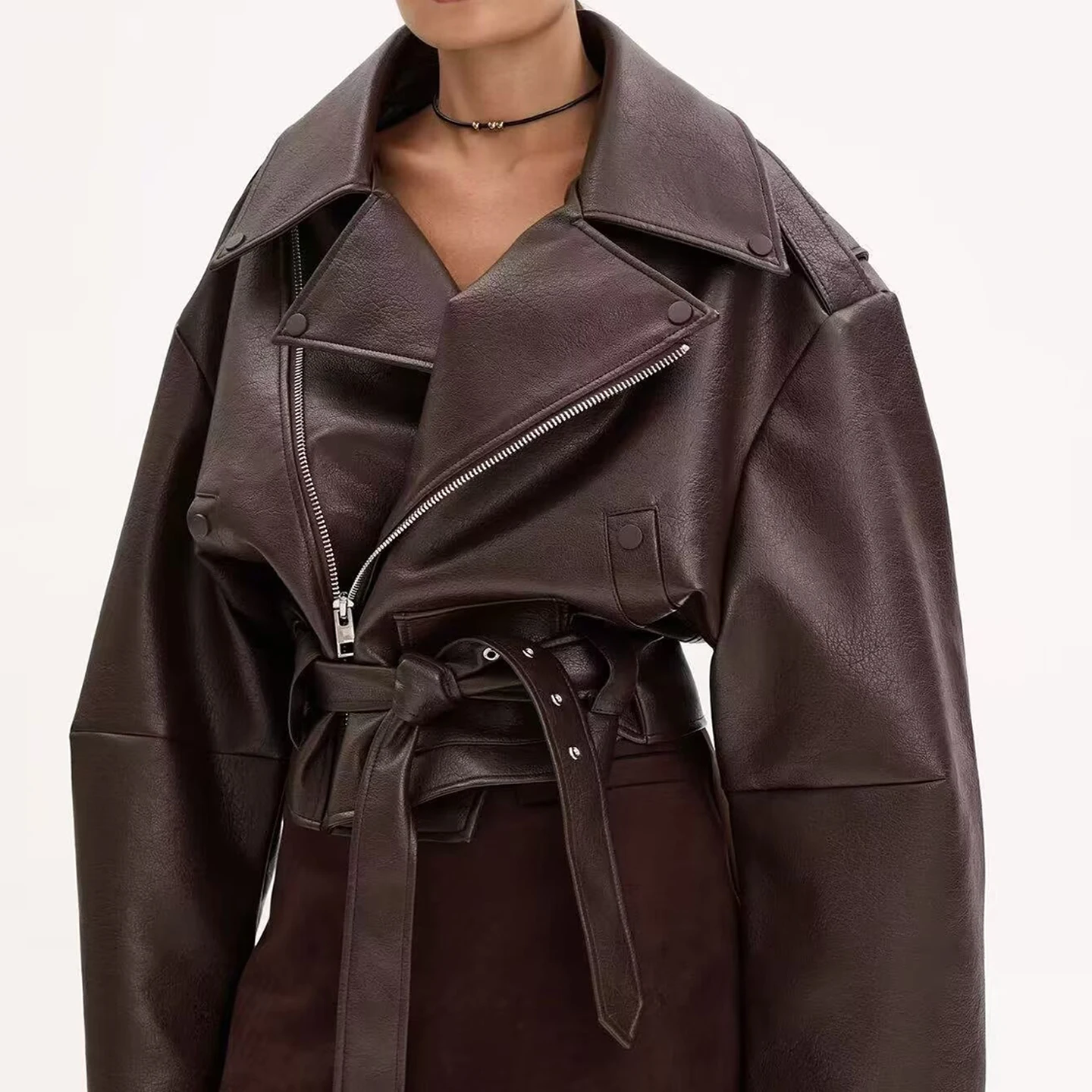 Ele ort Leather Jaet Women's Faion Vintage Sle Loose with Belt Autumn 2025 New Arrival Youth Casual Zipper