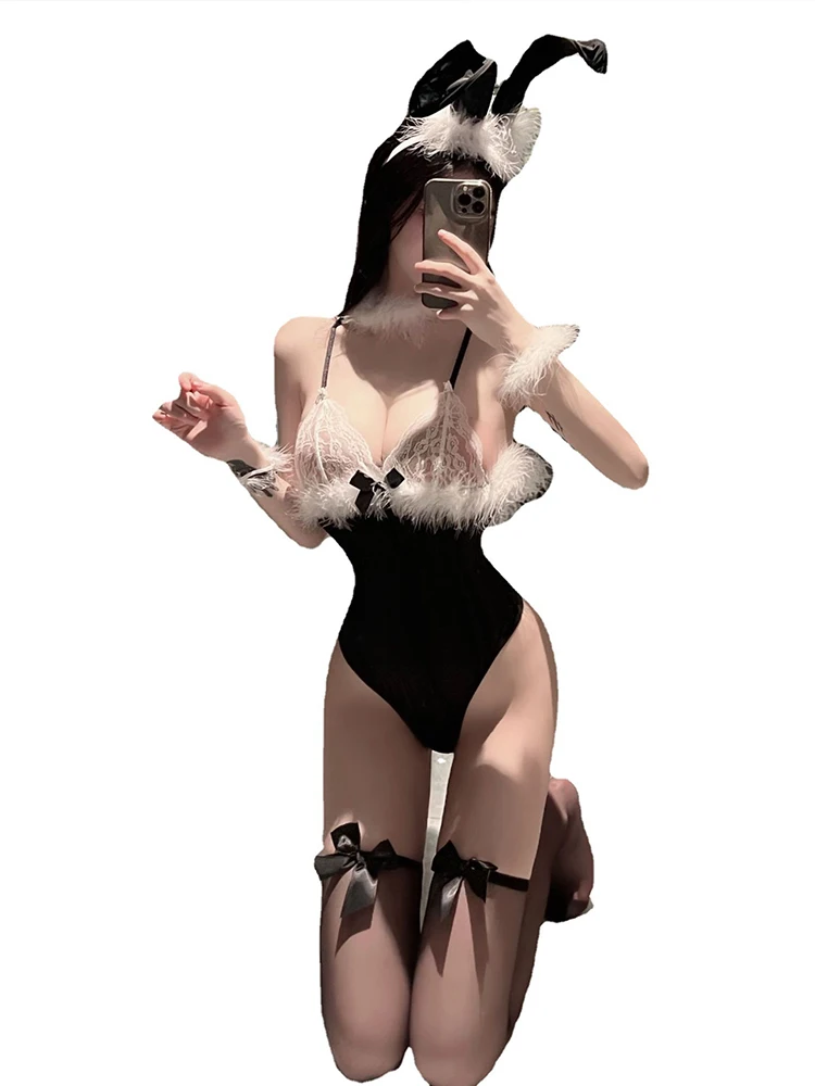 

Woman Bunny Girl Cosplay Halloween Maid Suit Lace Transparent Sexy Bodysuit Women's Underwear Bunny Girl Set Role Play Costume
