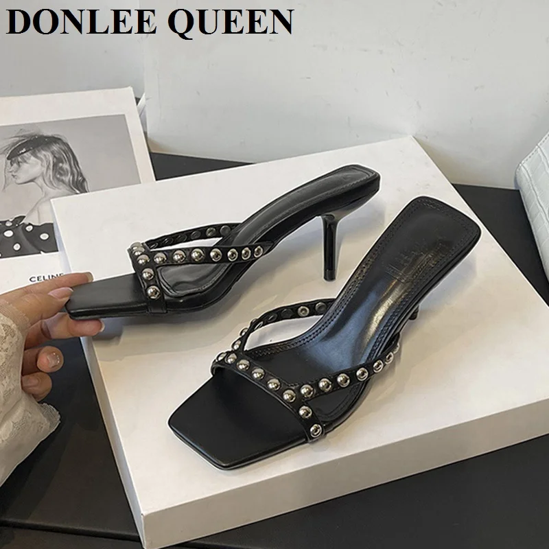 

2025 New Fashion Brand Rivet Slippers Women High Heels Peep Toe Sandals Elegant Dress Pumps Black Blue Slides Flip Flops Mujer