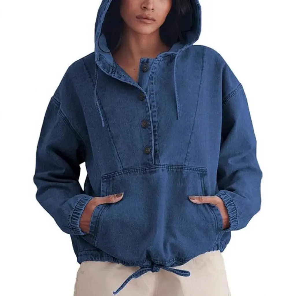 Women's Fashion Denim Hoodie Jacket Buttoned Pullover Sweatshirt Top European American Style Trendy Outerwear for Ladies