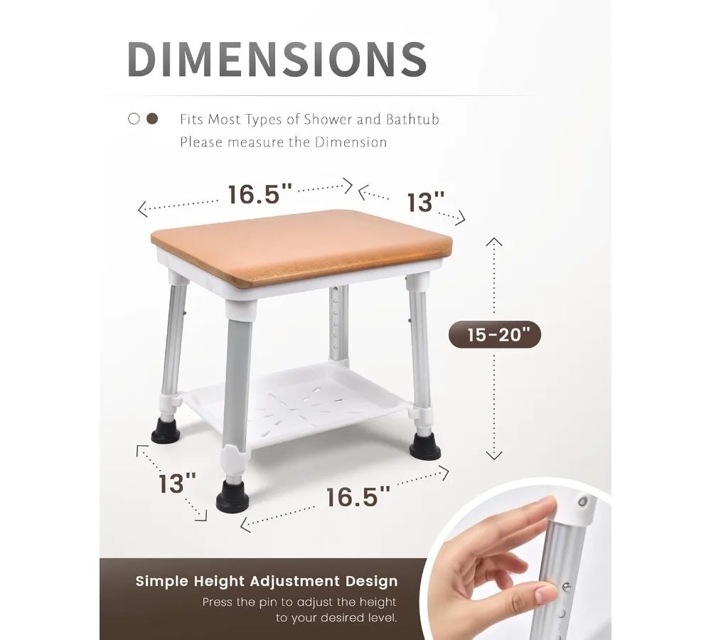 كرسي استحمام قابل للتعديل مع مقعد خشبي، سعة 400 رطل شديدة التحمل، مقعد حمام لكبار السن والمعاقين