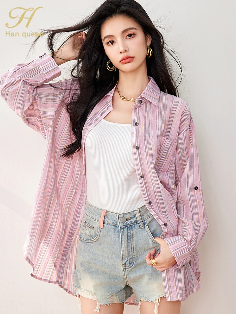 

H Han Queen Vintage Work Casual Tops Lazy Clashing Stripes Blouse New Arrival Autumn Womens Blouse Elegant Loose Female Shirts