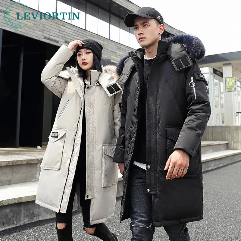 Koreaanse Stijl Winter Lange Parka Jas Mannen Vrouw Donsjack Kleding Hooded Bontkraag Thicken Warm Leisure Liefhebbers Overjas