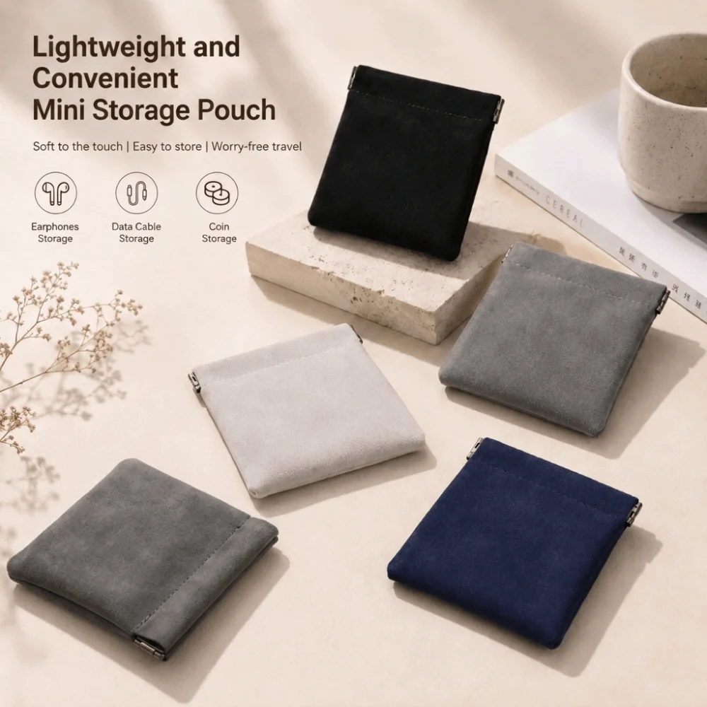 Portable Automatic Spring Open Small Storage Pouch Self-Closing Suede Cable Organizer Tiny Pocket Wallet Travel Storage