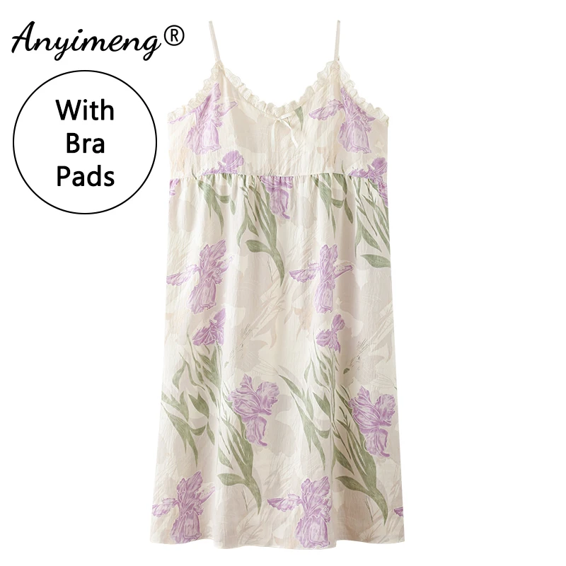 Summer Sweet Cat Print Nightgown for Girl Pajama Dress with Bra Pads Sleeveless Sling Home Dress Fashion Casual Nightgowns