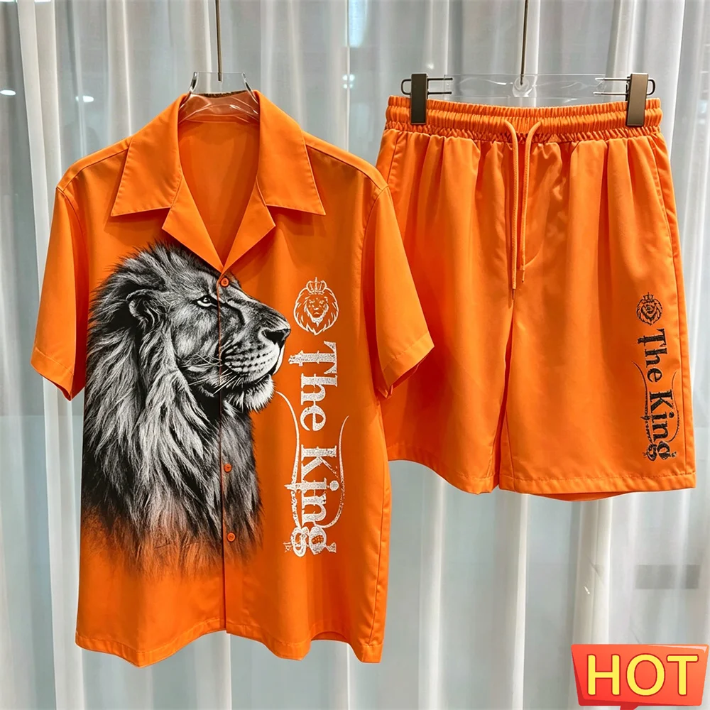 Men's Sports Suit 3D Three-Dimensional Lion Outdoor street men shirt and shorts set Leisure Two-Piece Suit Plus Men's shirt set