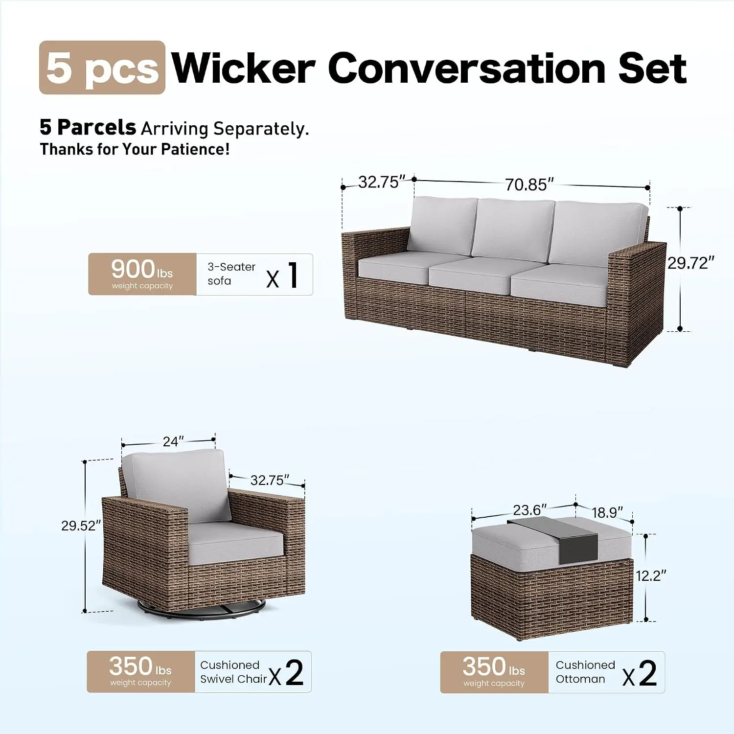 5-Piece Wicker Patio Furniture Set Wide Arm Outdoor Garden Grey, Customized