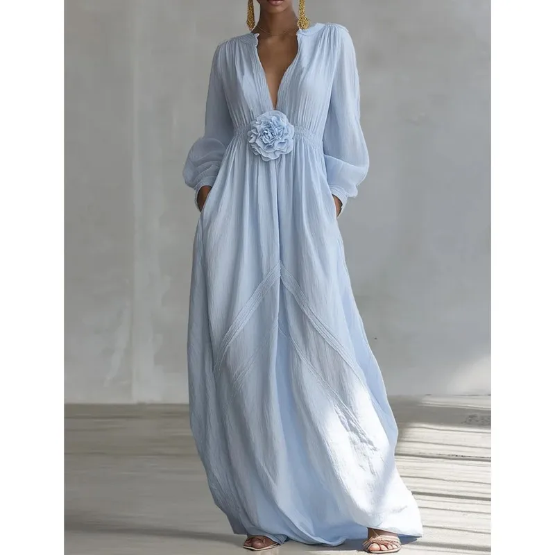 

Boho Vacation Woman Maxi Dress 3D Flower V Neck Long Sleeve Solid color Elegance Flowy Dresses 2026 Woman Spring Robes Vestidos
