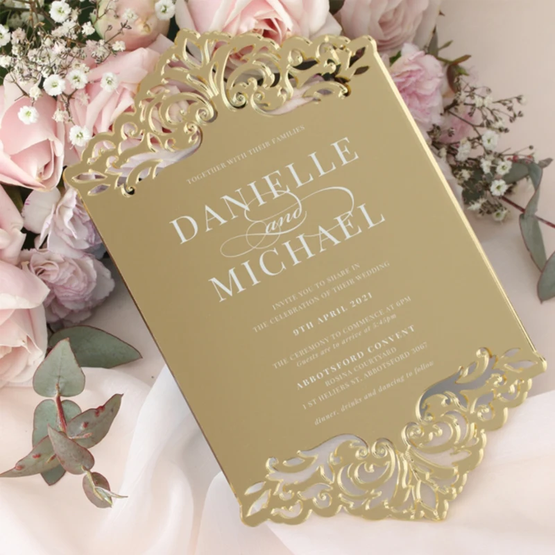 Custom gold acrylic wedding invitation 5x7 inches one-sided print party invitation menu cards