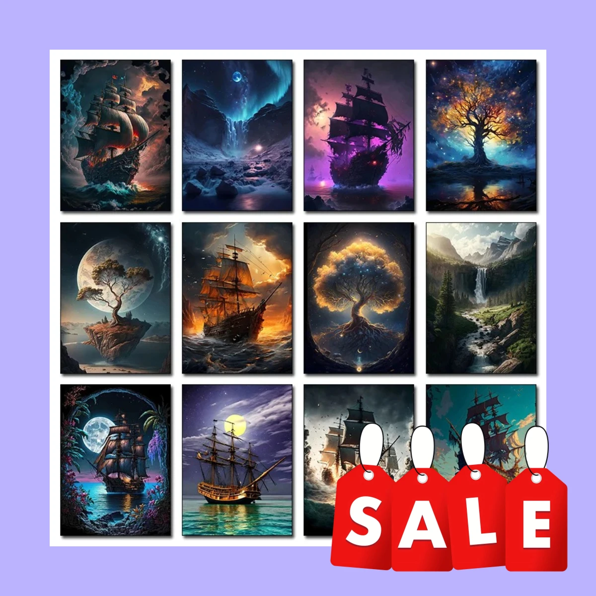 Pirate’s Hidden Falls – Fantasy Ship Waterfall Forest Tree of Life Frameless Canvas for Living Room Home Decor 2026