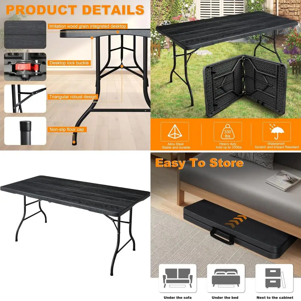

Portable 6ft Folding Utility Table, Heavy-Duty Plastic, Ideal for Indoor, Outdoor, Camping, Picnics, Parties, Black Woodgrain De