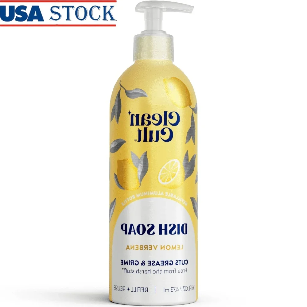 

Refillable Aluminum Dish Soap Bottle Lemon Verbena Natural Cleansing Essential Oils Eco-Friendly Non-Toxic Grease Remover 16oz