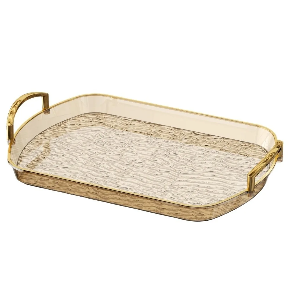 Transparent Clear Luxury Tray Rectangular Double Handles Storage Tray Large Capacity Gold Rim Dining Tea Serving Platter