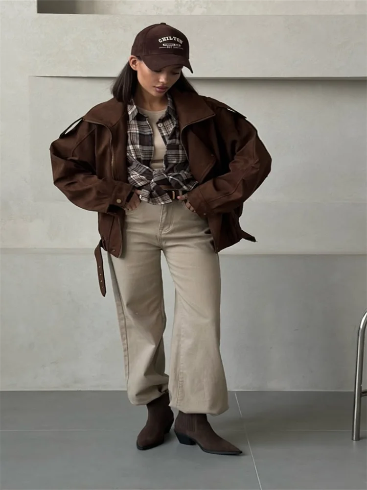 

Женская укороченная замшевая куртка большого размера, пальто, винтажный воротник с лацканами на молнии, свободная посадка, повседневная осенне-зимняя верхняя одежда 2025 г.