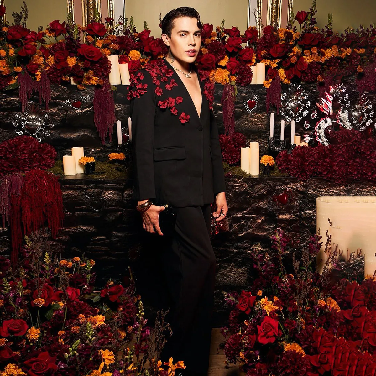 

Customized 3D Flower Men Suits Sparkly Jewelry Ornament 2 Pieces Set Tuxedo Groom Party Male Prom Blazers Slim Party ropa hombre