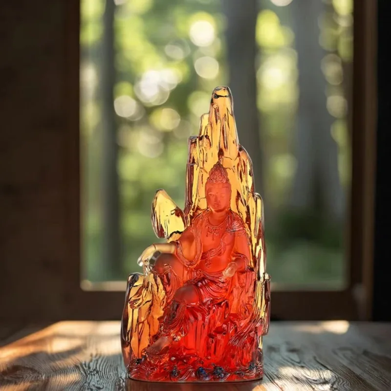 Relaxed pose Guanyin statue Glazed crystal, glowing matte, serene mountain backdrop Buddhist altar center