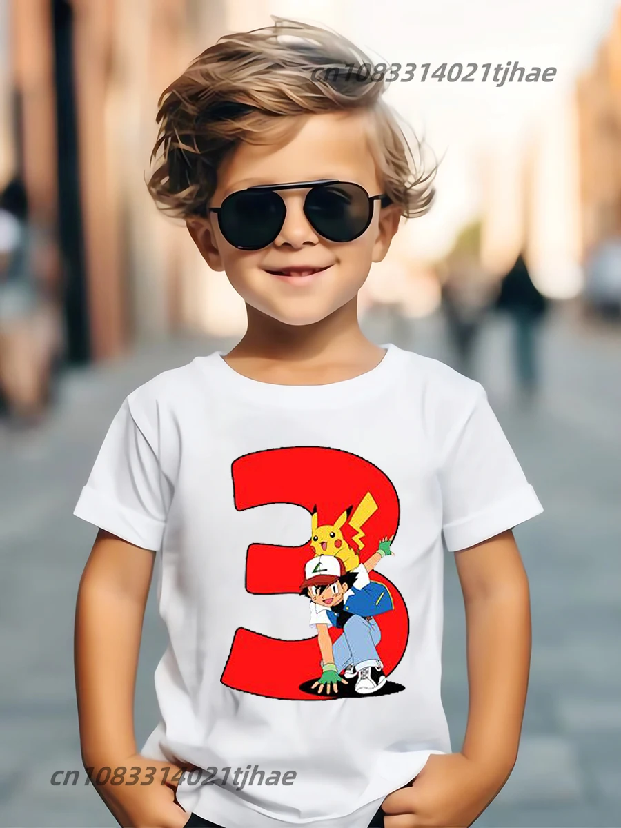 Pokemon Pikachu Kids Birthday Party Tshirts Baby T-Shirt Tees Boys T Shirt with Clothes Children Fashion Tops