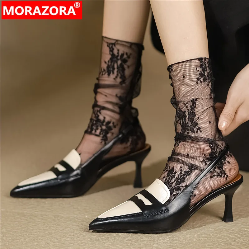 

MORAZORA 2024 New Genuine Leather Mixed Colors Sandals Women Slip On Ladies Dress Shoes Thin High Heels Slingbacks Sandals