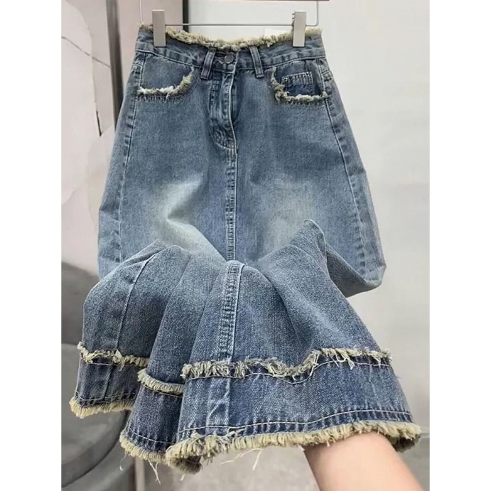 

Denim Skirt for Women Spring Autumn Korean Style High Waist Frayed Solid Color A-Line Mid-Length Office Lady Jean Skirts