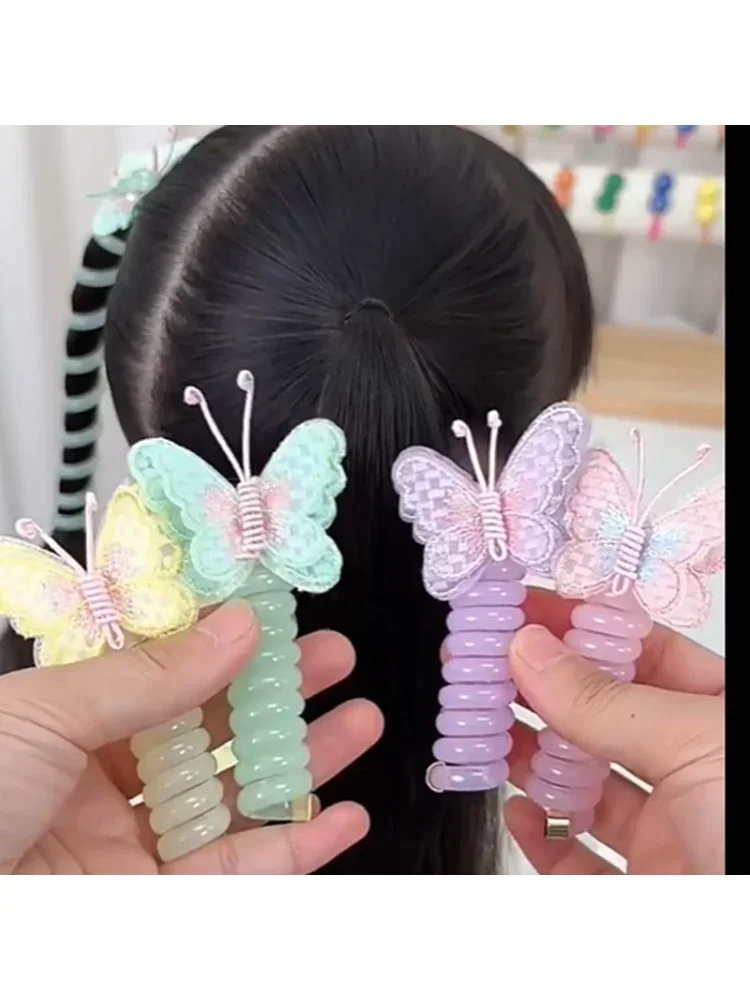 2 pièces belle papillon brodé élastique spirale cheveux cordes tête corde queue de cheval cheveux anneaux élastique coiffure pour enfant 5 couleurs