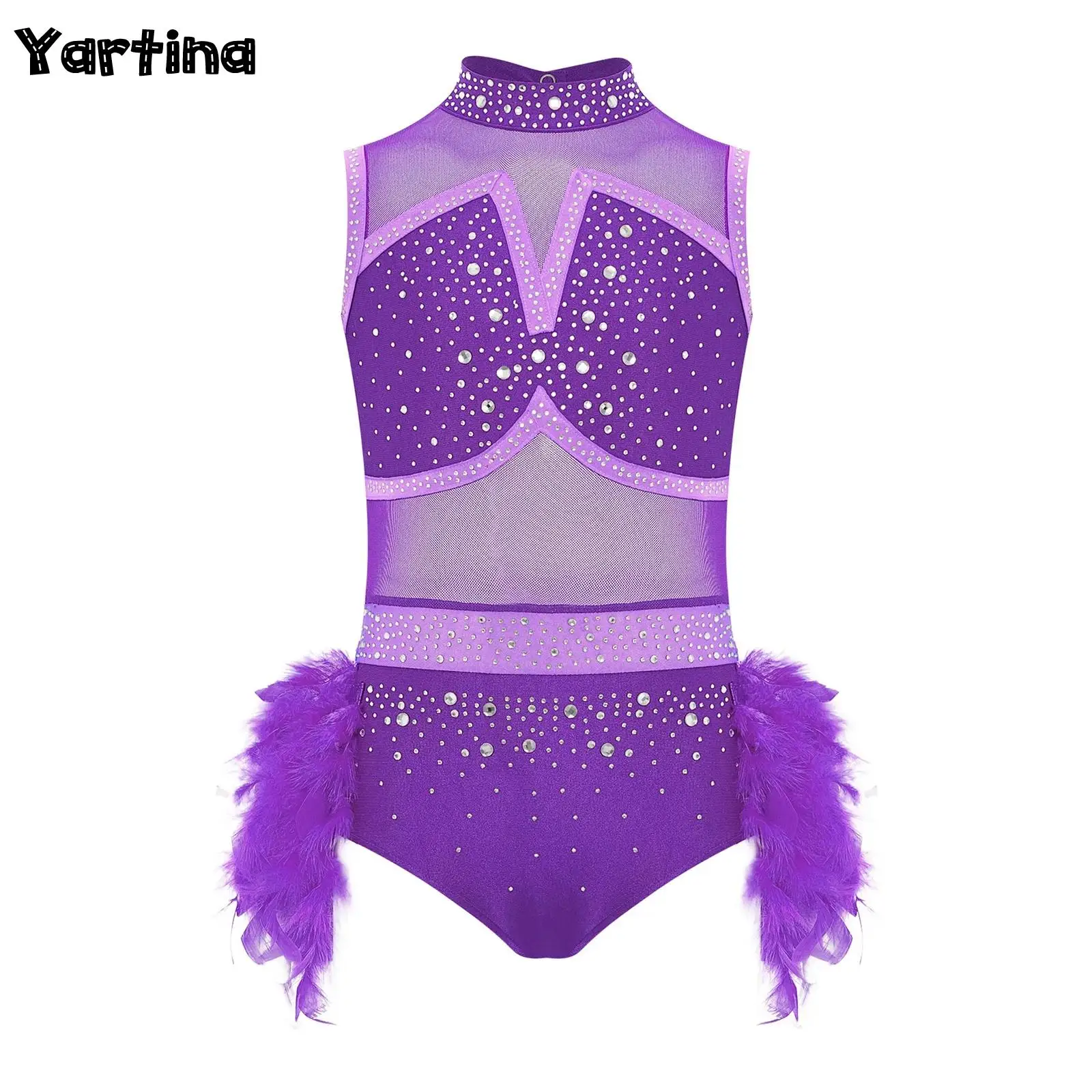 

Kids Girls Sparkly Rhinestones Ballet Leotards Jumpsuit Sheer Mesh Skirted Bodysuit Rhythmic Gymnastics Figure Skating Costumes