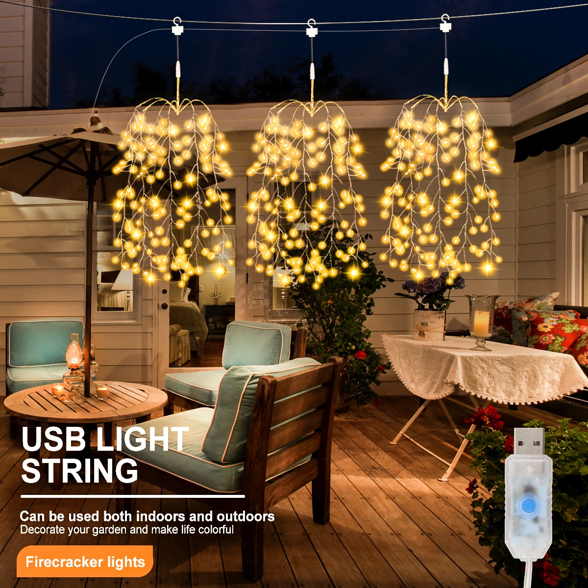 USB LED أضواء الألعاب النارية المعلقة حديقة في الهواء الطلق أضواء الجنية مقاوم للماء لحفلة الحديقة فناء شجرة زينة عيد الميلاد