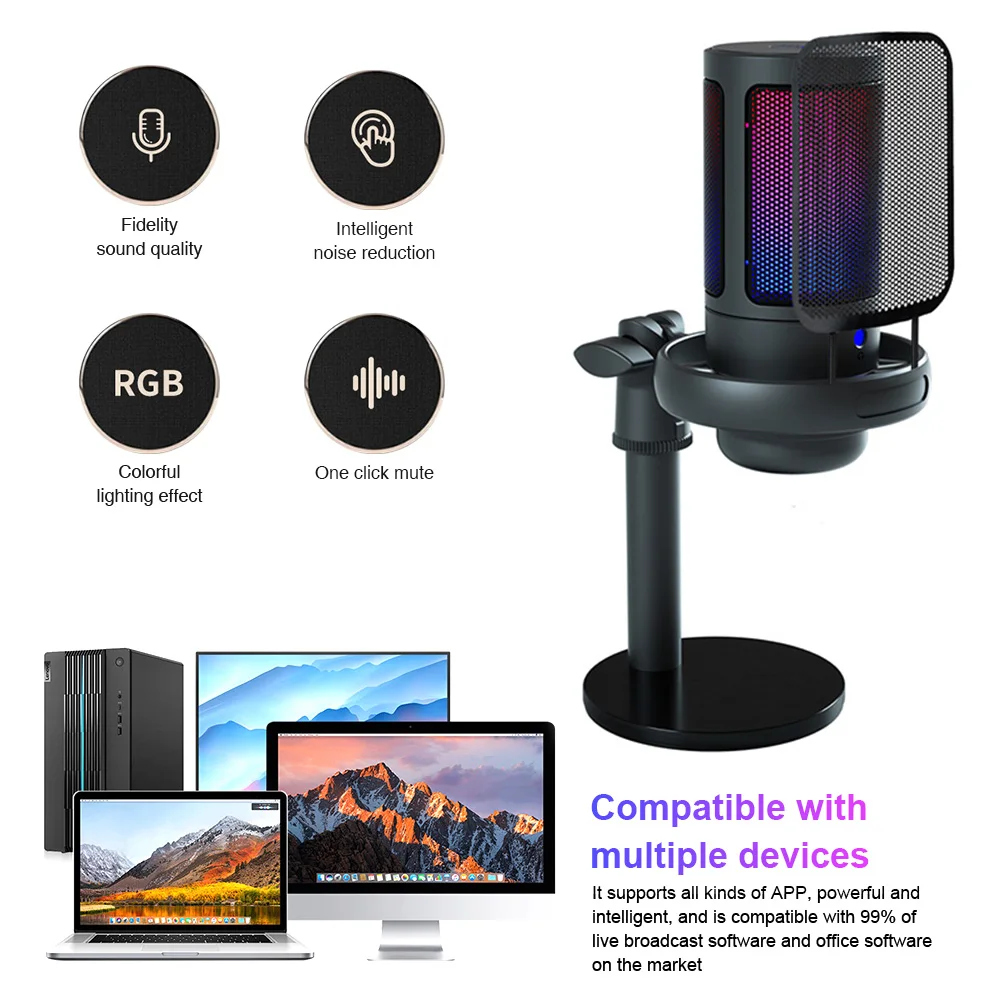 

USB Condenser Microphone RGB Gaming Microphone with Pop Filter PC Mic for Studio Recording Streaming Content Creation
