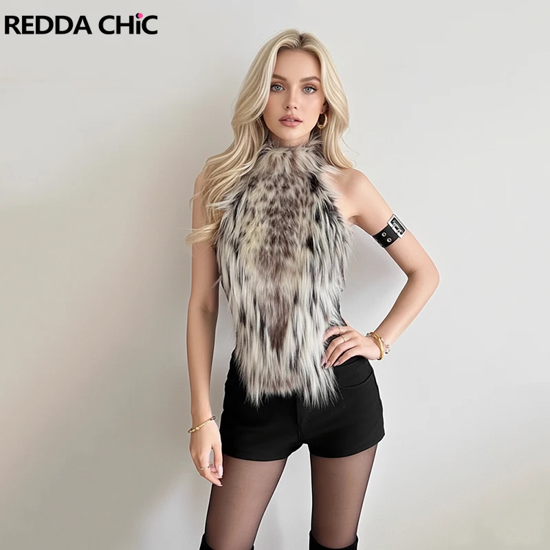 

REDDACHiC Stitch Faux Fur Halter Top Women Leopard Furry Cropped Turtleneck Sleeveless Vest Vintage Harajuku Autumn Clothing