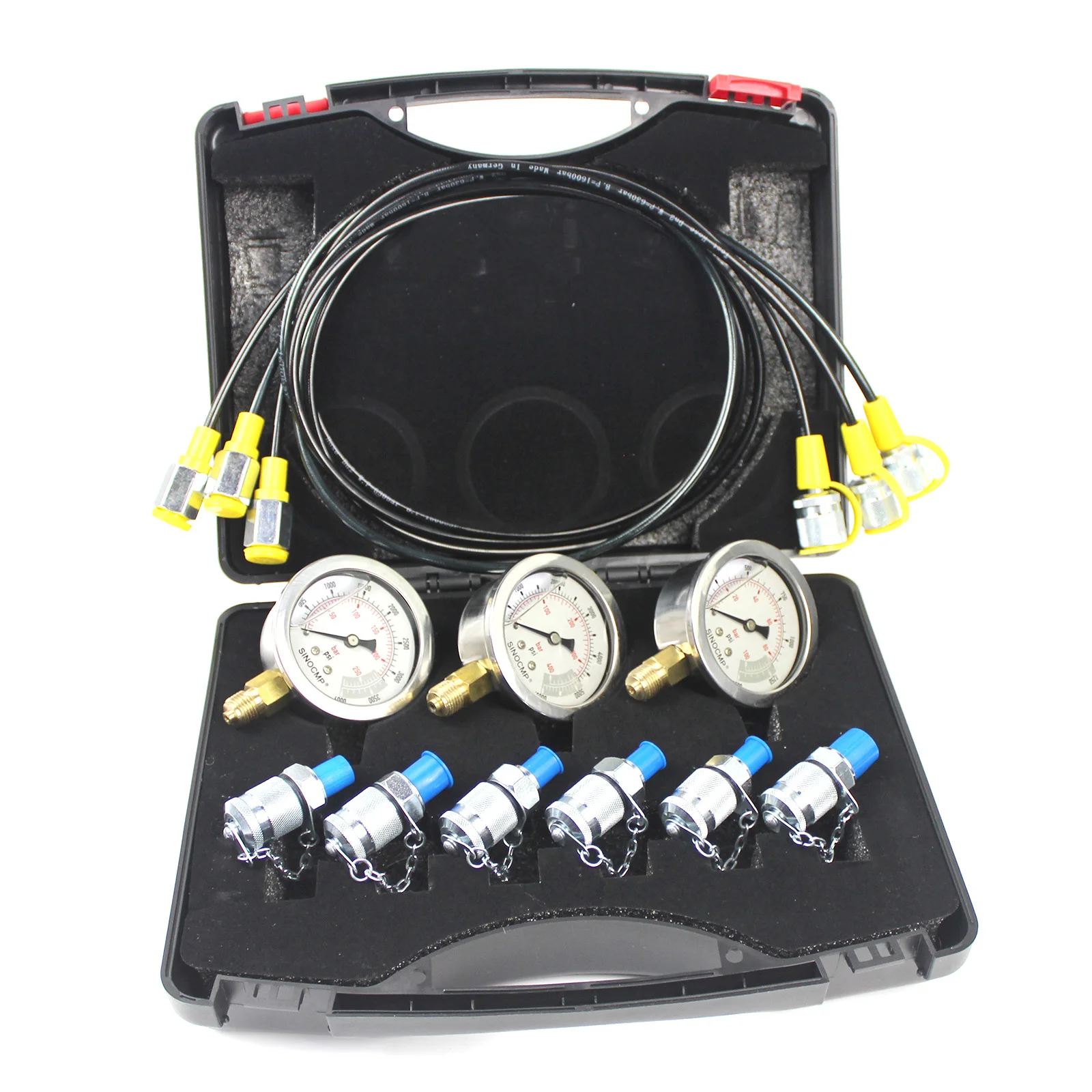 Hydraulic Gauge Test Kit box with 3 Gauges 10Mpa / 25Mpa / 40Mpa, M28 G5 adapter 7 Couplings,1 Gas Hose Kit Nitrogen Accumulator