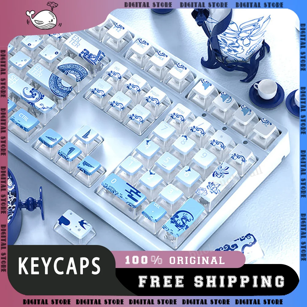 

Transparent Blue And White Porcelain Theme Keycaps 116 key PBT ASA Profile Gaming Key Caps For Mechanical Keyboard Accessories