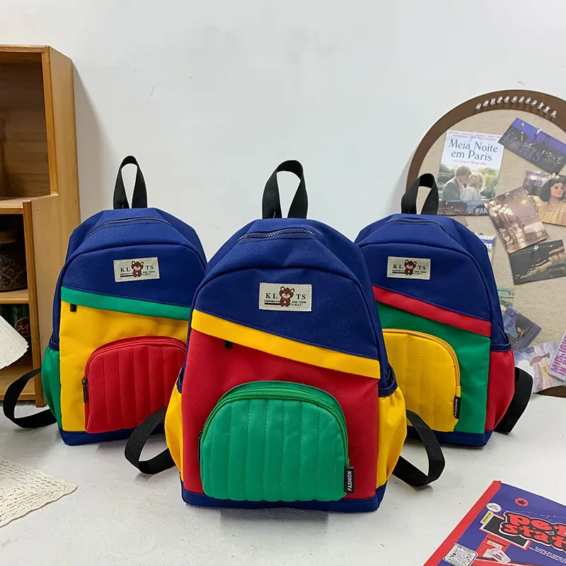 2024 New Kids Backpack Square Patchwork Curved Shoulder Strap Children's Schoolbags Nylon Girl Boy Leisure Travel Bag