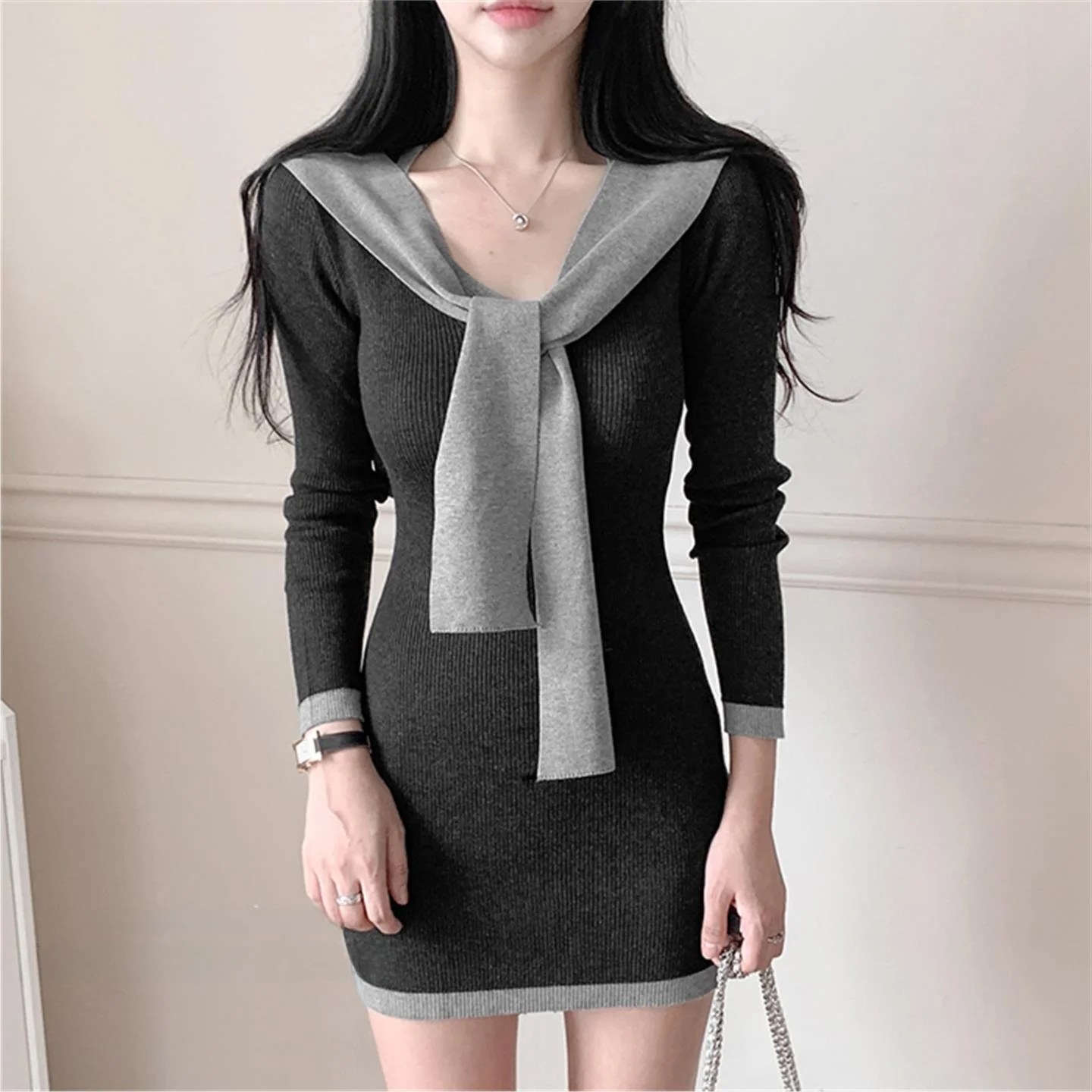

5STUDIO Корейский Sle V-Ne Цветная блузка Slim Fit Трикотажная длинная свеч Dr Sweet со средней талией Полиэстер Весна Осень Зима